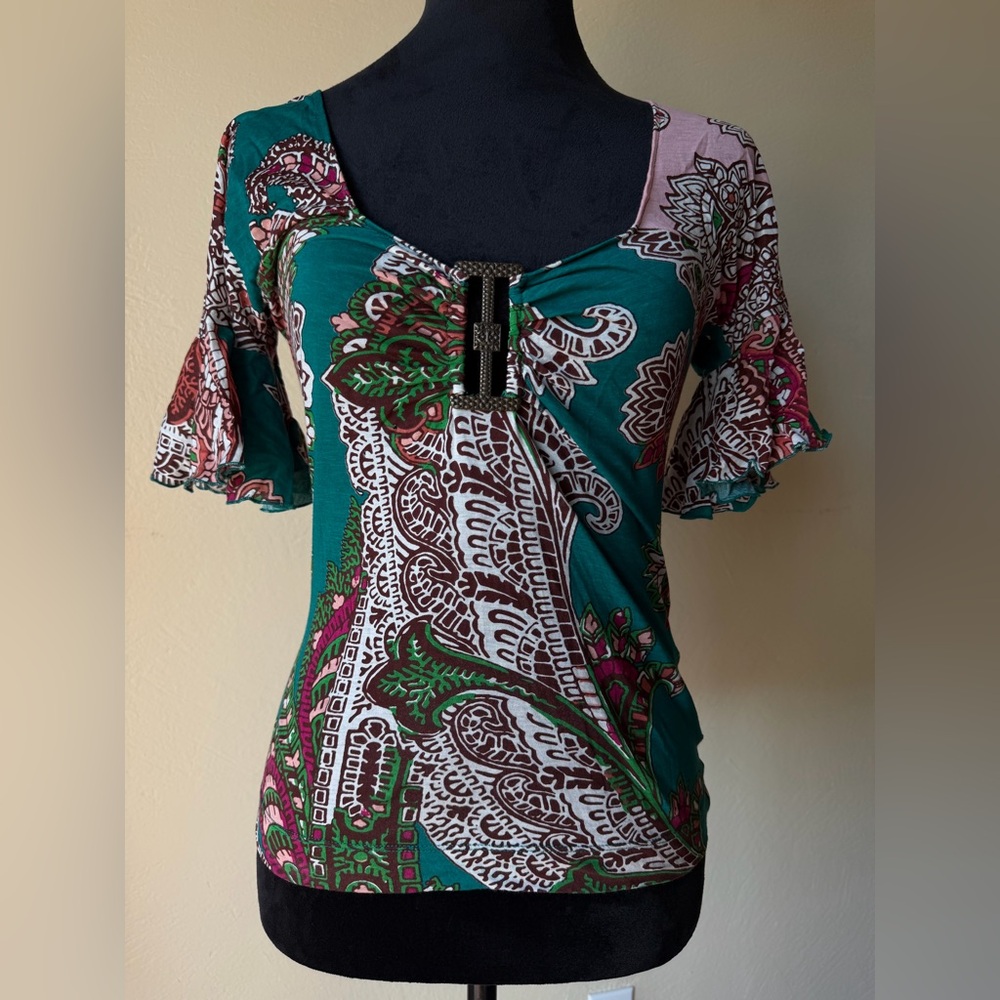 Just cavalli y2k buckle shirt size 42 100% cotton blue green bronze